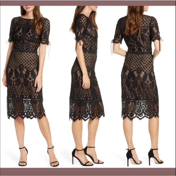 tadashi shoji tie sleeve lace sheath dress